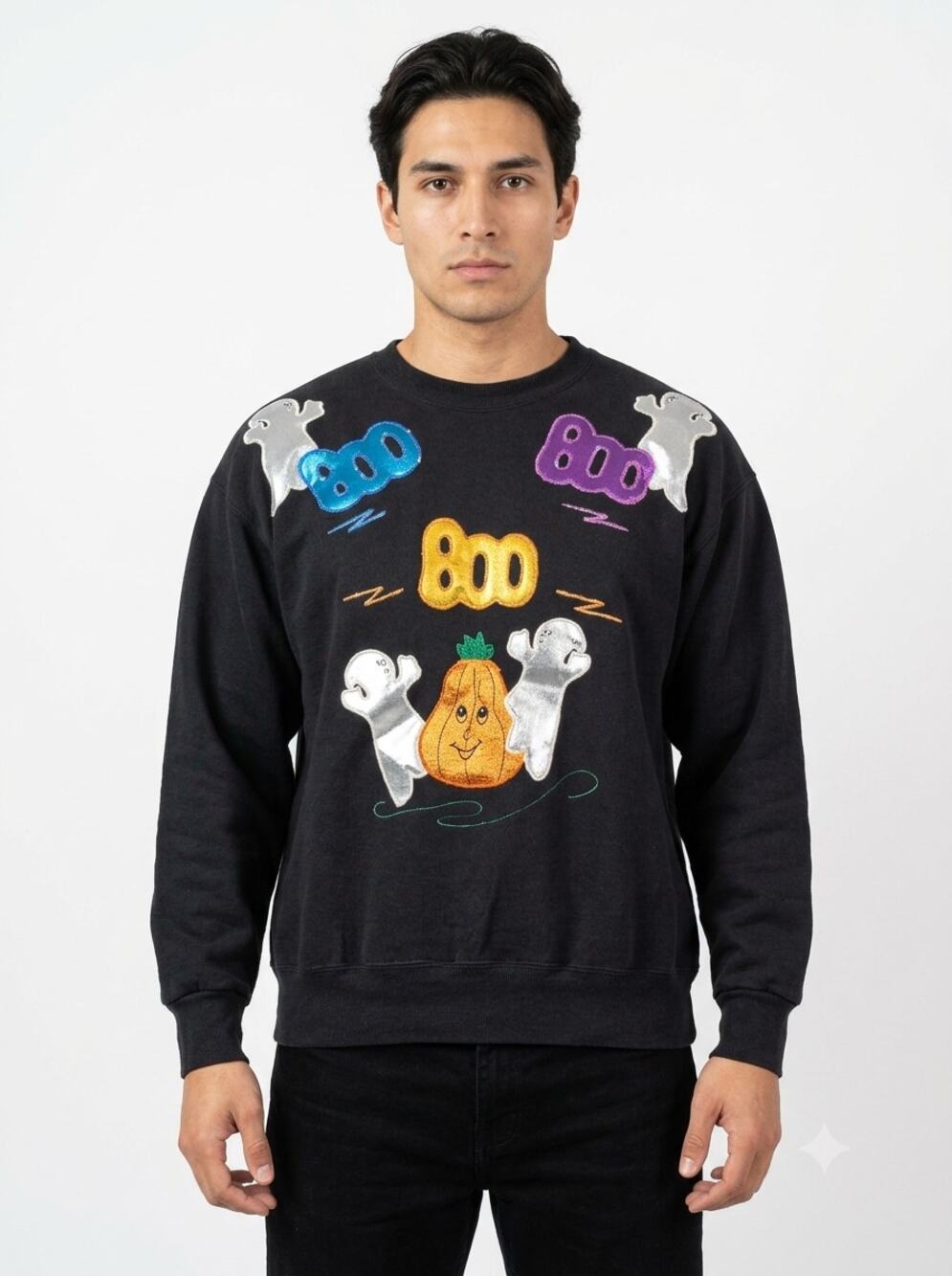 Vintage 90s Hanes Crewneck Sweatshirt Unisex L Black Boo Ghost Pumpkin Halloween